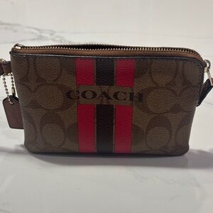 Coach Signature Stripe Wristlet in Tan, Pink and Dark Brown